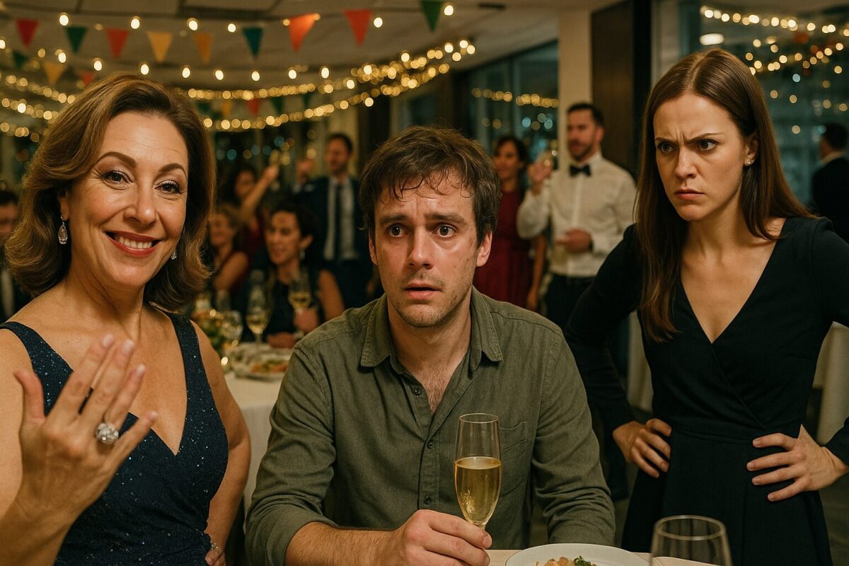 На фоне праздничного офисного корпоратива мужчина в зелёной рубашке с бокалом шампанского выглядит бледным и испуганным, рядом стоит женщина с гневным выражением лица, а другая — в вечернем платье — сияет, демонстрируя кольцо с крупным камнем.