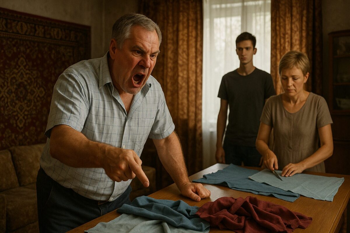 Мужчина средних лет яростно кричит и указывает на ткани на столе в советской квартире, пока женщина спокойно кроит ткань, а молодой мужчина напряжённо наблюдает за ссорой.