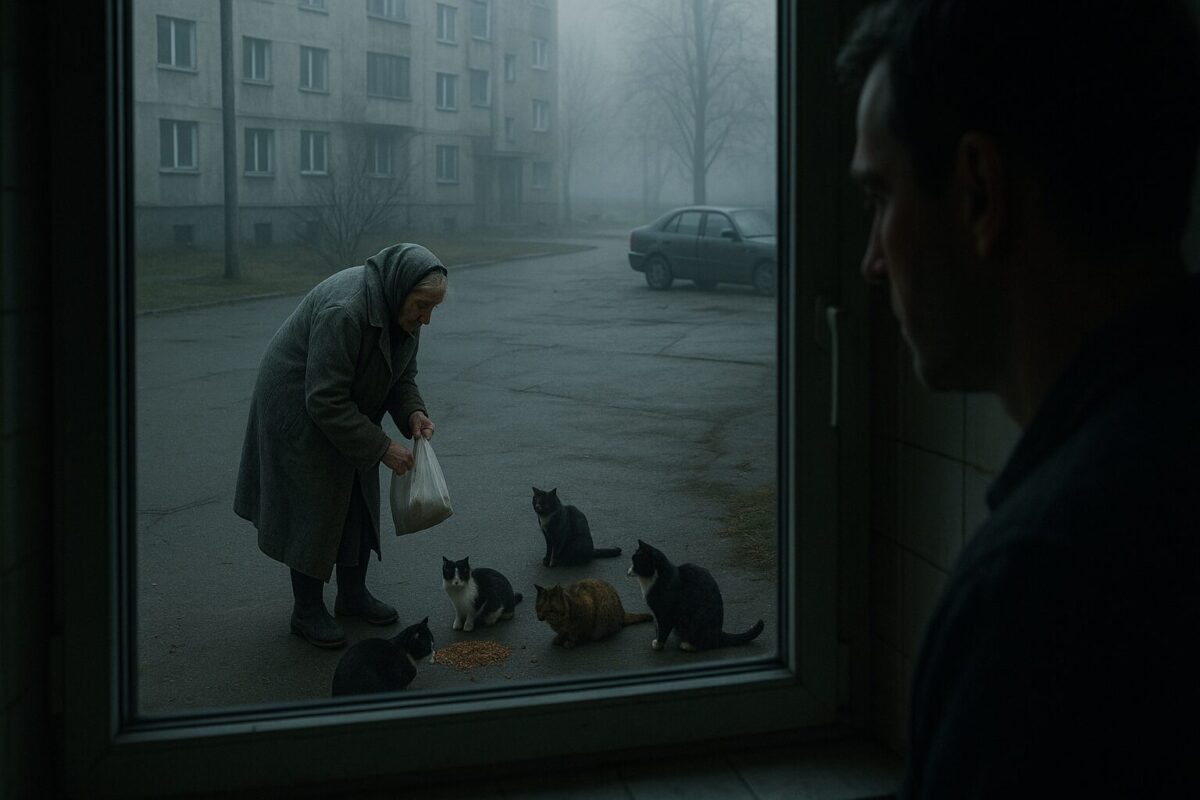 Вид из кухни на двор многоэтажки ранним утром. За окном — пожилая женщина в старом сером пальто и платке кормит дворовых котов на сером асфальте. На заднем плане — туманный двор с голыми деревьями и панельным домом. На переднем плане в тени — силуэт мужчины, наблюдающего из окна. Атмосфера сцены — хмурая, тихая, с оттенком одиночества и грусти.