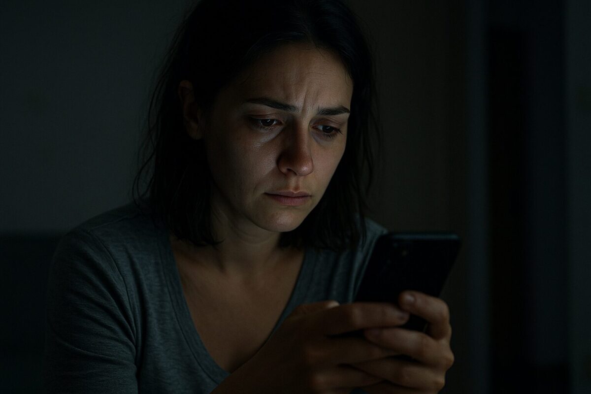 Молодая женщина в серой домашней одежде сидит в полумраке, глядя на телефон. Свет от экрана отражается на её уставшем лице с припухшими глазами и тревожным выражением. Атмосфера напряжённая и гнетущая, словно перед внутренним решением.
