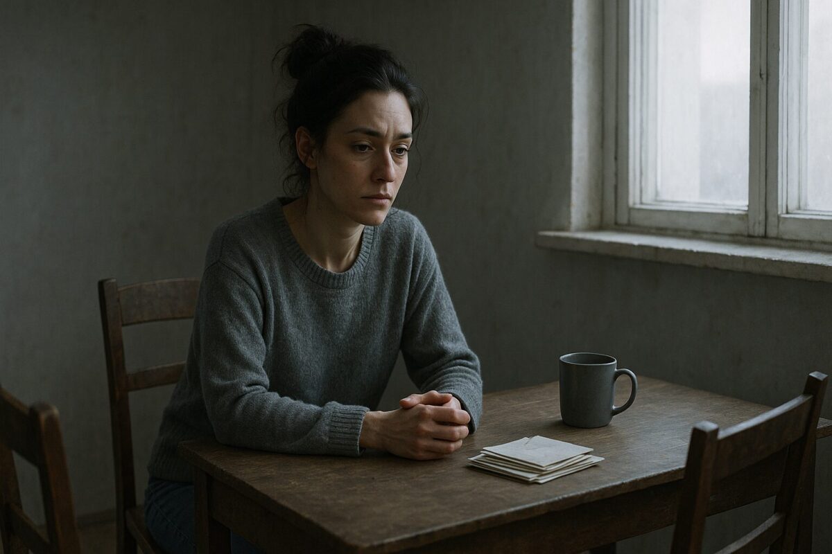 Уставшая женщина около 30 лет сидит за старым деревянным столом в полупустой квартире. На столе — пачка писем и кружка. Из окна падает холодный дневной свет, подчеркивая атмосферу переосмысления и начала новой жизни.