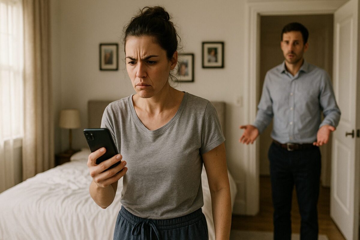 Женщина в домашней одежде с напряжённым выражением смотрит на телефон, стоя в светлой спальне; на заднем плане мужчина в рубашке растерянно смотрит на неё из дверного проёма.