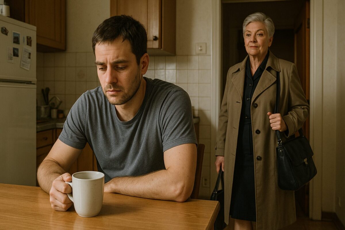 Уставший молодой мужчина сидит за кухонным столом с кружкой, задумчиво глядя в кофе. На заднем плане в проёме двери стоит пожилая женщина в строгом плаще, с сумкой и самоуверенным выражением лица. Атмосфера напряжённая.