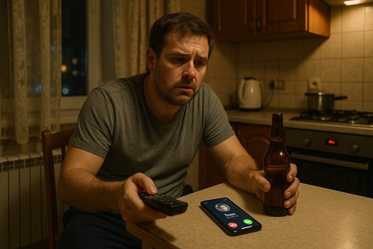 Уставший мужчина 35–40 лет в футболке и спортивных штанах сидит на кухне за столом, держа в одной руке бутылку пива, в другой — пульт от телевизора. На столе лежит смартфон с входящим вызовом от женщины по имени Лена. Атмосфера — вечер пятницы, уютная городская кухня, мягкий тёплый свет, ощущение внезапного конфликта и нарушенного покоя