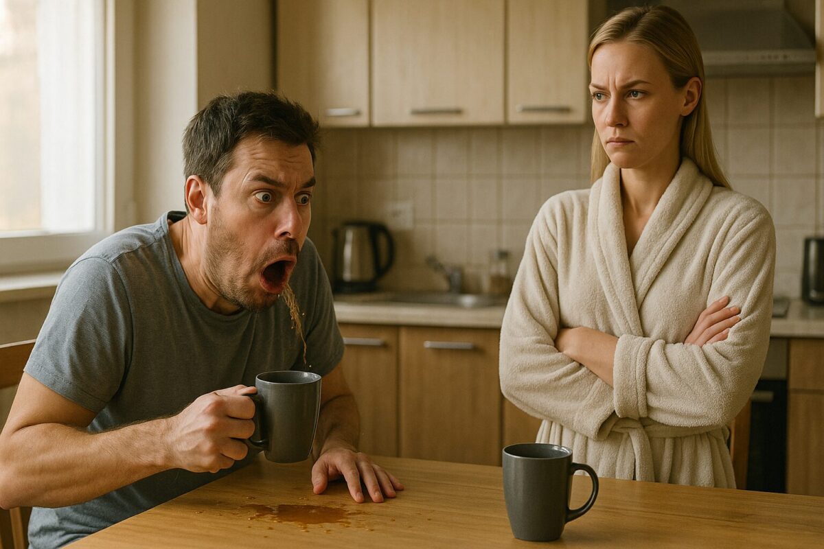 Утро на кухне. Мужчина в футболке, испуганно кашляет, расплескав чай, напротив — женщина в халате, с холодным взглядом и скрещёнными руками. Атмосфера — напряжённая, словно перед ссорой.
