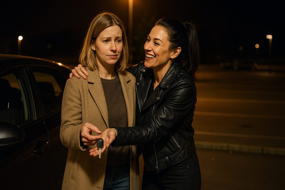 Во дворе вечером, под тёплым светом фонаря, женщина в пальто с напряжённой улыбкой протягивает ключи другой женщине в кожаной куртке, которая обнимает её с яркой улыбкой; на заднем плане — почти пустая парковка.
