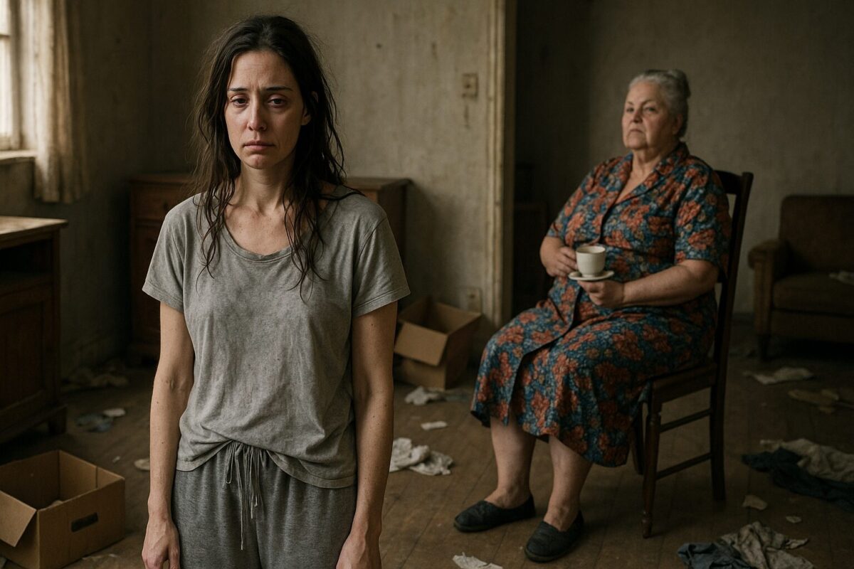 Молодая женщина с уставшим, заплаканным лицом стоит в разгромленной комнате в домашней одежде, на заднем плане пожилая женщина с холодным взглядом сидит на стуле с чашкой чая, атмосфера сцены — напряжённая и гнетущая.