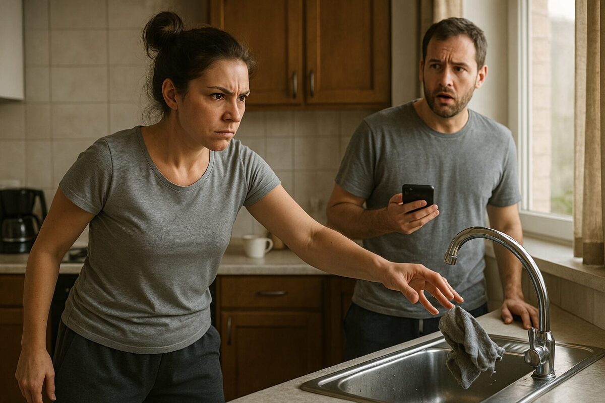 Утро на кухне. Женщина с тёмными волосами, собранными в пучок, в серой футболке и домашних штанах, с решительным и гневным выражением лица бросает тряпку в раковину. Позади неё стоит мужчина с небритым лицом, в футболке и спортивных штанах, с телефоном в руке, удивлённо смотрит на неё, не понимая, что происходит. Атмосфера сцены напряжённая, в воздухе ощущается начало серьёзного конфликта.