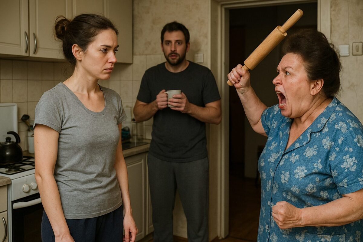 На тесной кухне разгорается конфликт — пожилая женщина в синем халате с поднятой скалкой яростно кричит на молчаливую молодую женщину в серой футболке; на заднем плане мужчина в панике держит кружку, застыв в дверном проёме.