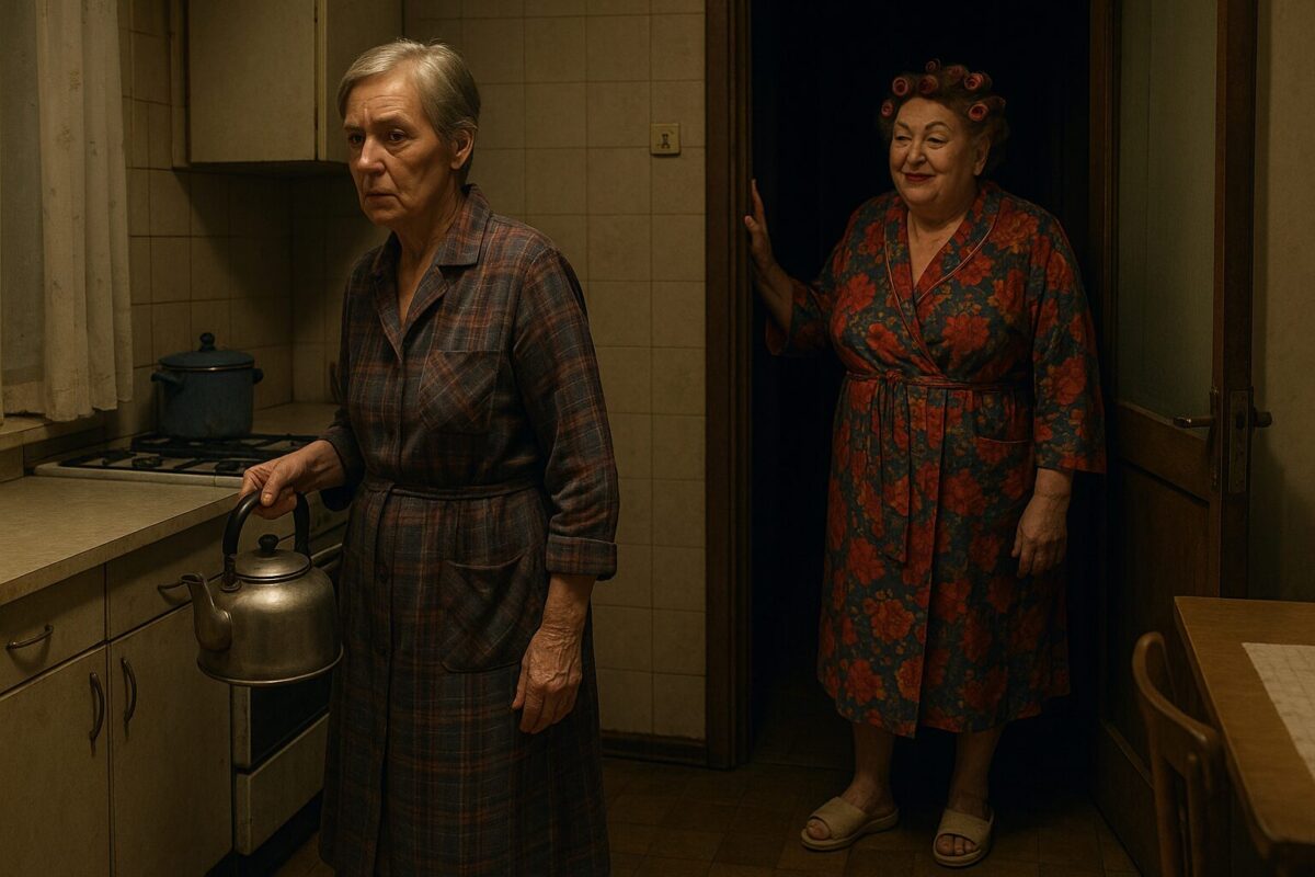На тускло освещённой кухне советского типа пожилая женщина в клетчатом халате стоит с чайником в руке, замершая в напряжённой позе. В дверном проёме — её соседка, полная женщина с бигудями и накрашенными губами, в ярком халате, с фальшиво-дружелюбной улыбкой. Атмосфера — напряжённая, ночная, с ощущением скрытого конфликта.
