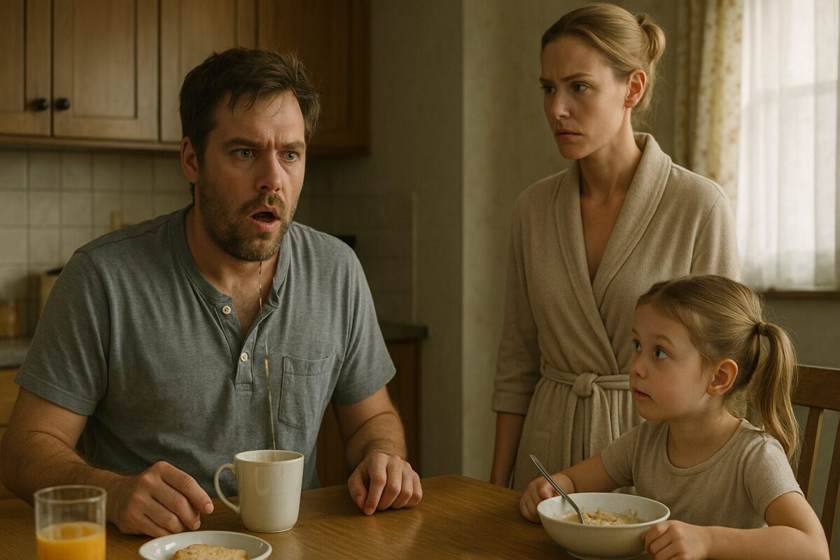 Утро на кухне. Мужчина в пижаме с ошеломлённым выражением лица проливает кофе, рядом стоит женщина в халате с серьёзным видом, а маленькая девочка с хвостиками смотрит на отца с удивлением, сидя за столом с кашей. Атмосфера неожиданного напряжения.