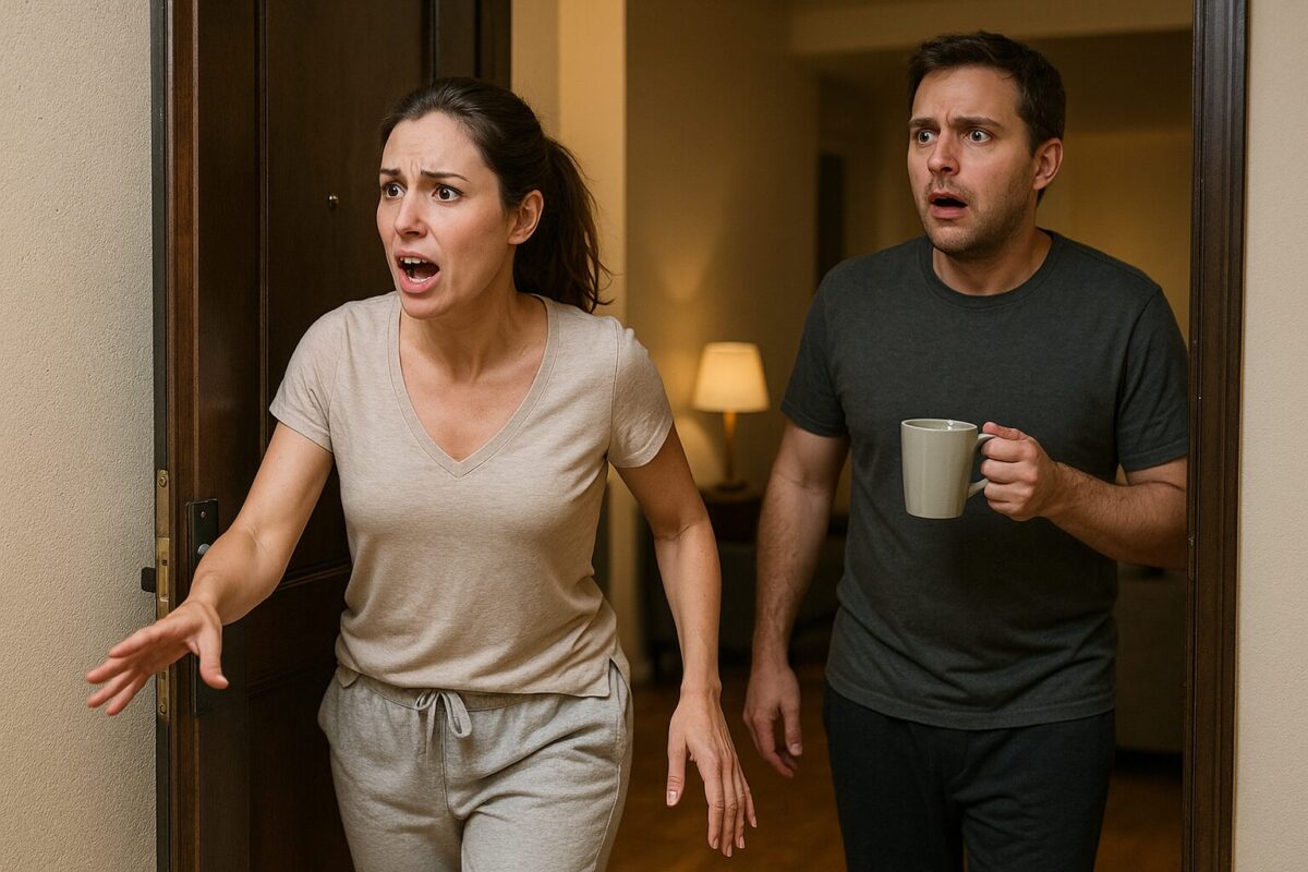 Наташа вбегает в квартиру с широко раскрытым ртом и волнением на лице, в лёгкой домашней одежде и с собранными в хвост волосами; в глубине комнаты Марк, в футболке и трениках, застыл с кружкой на полпути ко рту, выражение лица — ужас и шок.