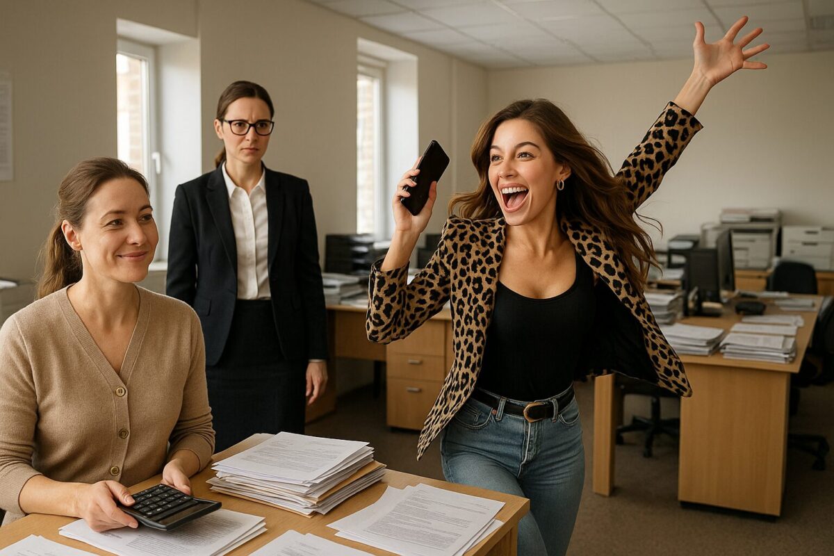 В офис с ярким дневным светом врывается эффектная молодая женщина в леопардовом пиджаке, с айфоном в руке и радостной улыбкой. За столом с бумагами сидит женщина с лёгкой улыбкой и калькулятором. На заднем плане стоит строгая женщина в деловом костюме, скептически наблюдая за происходящим.