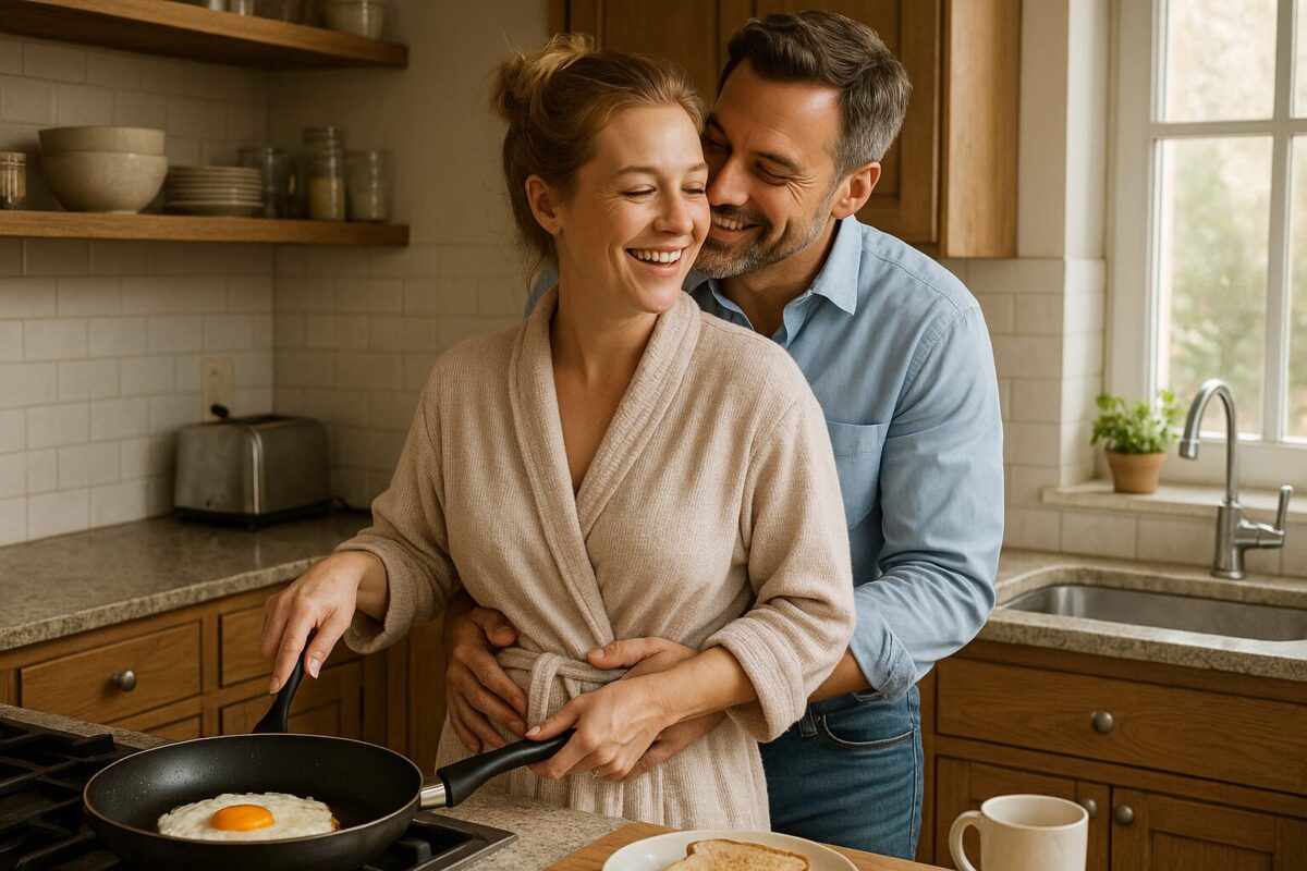 Молодая женщина в домашнем халате жарит яичницу на кухне, мужчина в рубашке и джинсах нежно обнимает её сзади и улыбается, атмосфера утреннего уюта и любви.