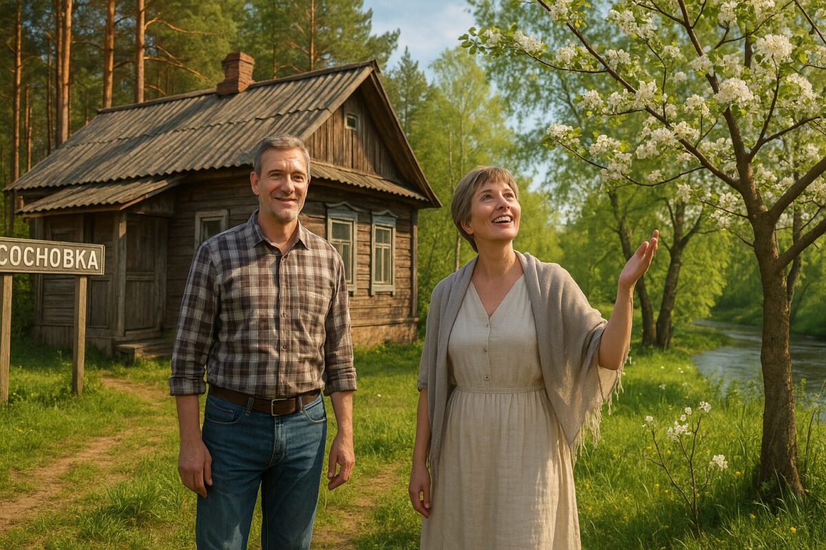 Михаил и Людмила стоят перед старым деревянным домом в деревне Сосновка, на фоне соснового леса и цветущей яблони у реки. Весенний день, свет солнца и лёгкий ветер подчёркивают атмосферу начала новой жизни.
