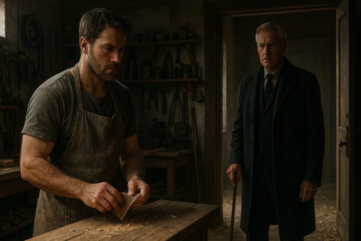 В мастерской Павел с наждачной бумагой в руках стоит у верстака, позади — его отец в пальто и с тростью, напряжённо наблюдающий за ним. Атмосфера — напряжение и молчаливый конфликт.