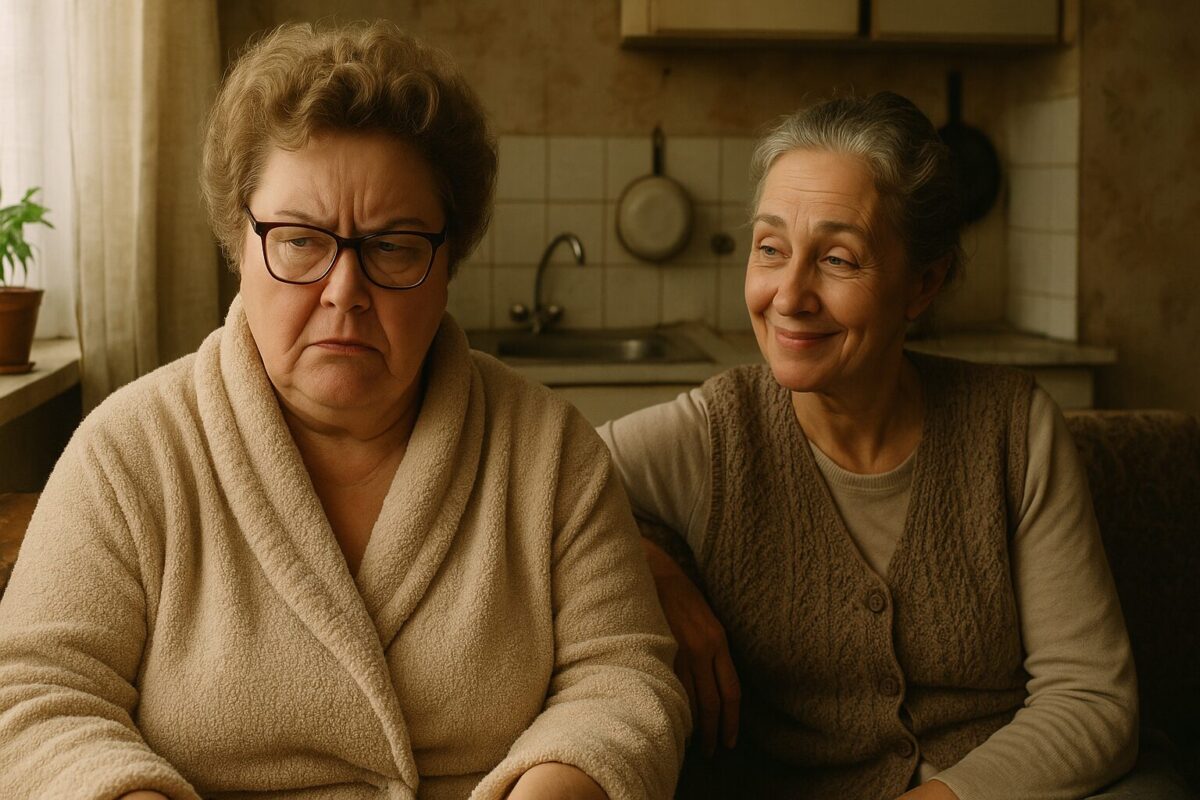 Две пожилые женщины сидят на кухне. Левая в халате и очках смотрит с недовольством в сторону, правая в вязаном жилете улыбается с лёгкой иронией. Атмосфера тёплая, уютная, с нотками скепсиса и юмора. На фоне — старая кухня с раковиной, плитой и кастрюлями.