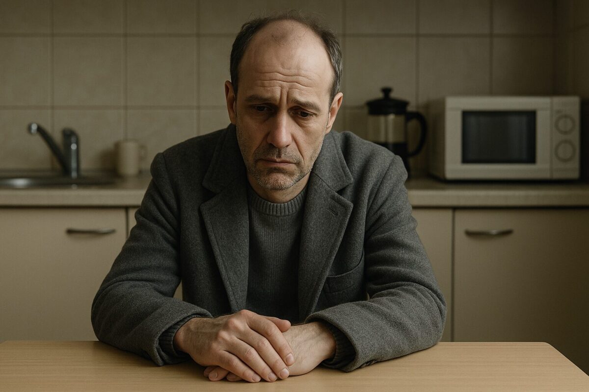 Грустный мужчина средних лет с залысинами и щетиной сидит за кухонным столом, склонившись вперёд, на фоне простой кухни с микроволновкой и раковиной.