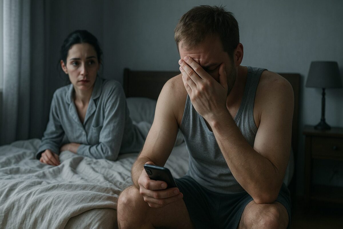 Мужчина сидит на краю кровати с телефоном в руке, прикрыв лицо ладонью, выглядит подавленным; за ним лежит женщина в пижаме, с тревогой наблюдающая за ним в тусклом утреннем свете.