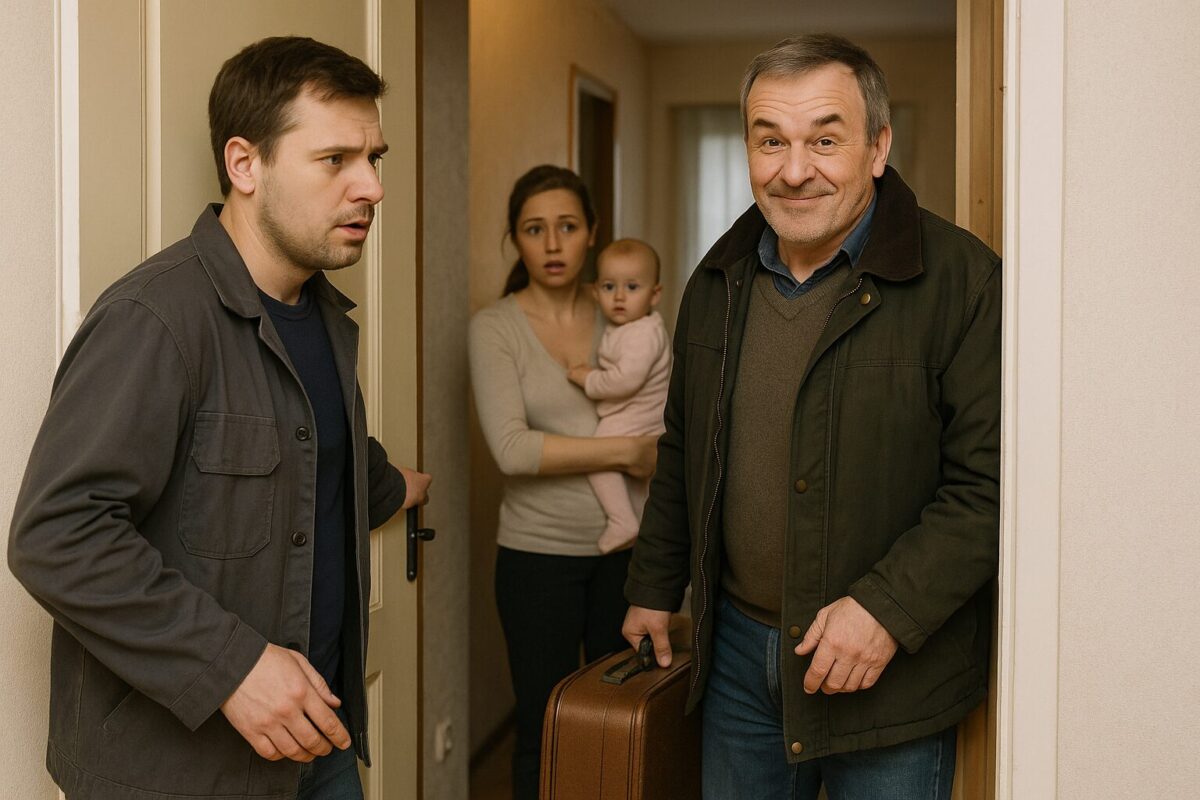Пожилой мужчина с чемоданом стоит на пороге квартиры, молодой мужчина открывает дверь с удивлением, а женщина с младенцем выглядывает из комнаты, ошеломлённая.