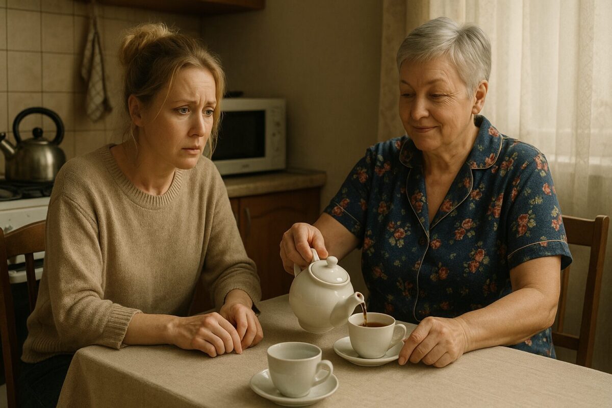 На кухне за столом сидят две женщины. Молодая женщина в бежевом свитере с тревожным выражением лица теребит скатерть, пожилая женщина с седыми волосами в цветастом халате спокойно разливает чай по чашкам, слегка улыбаясь. Атмосфера — напряжённая, но внешне спокойная.