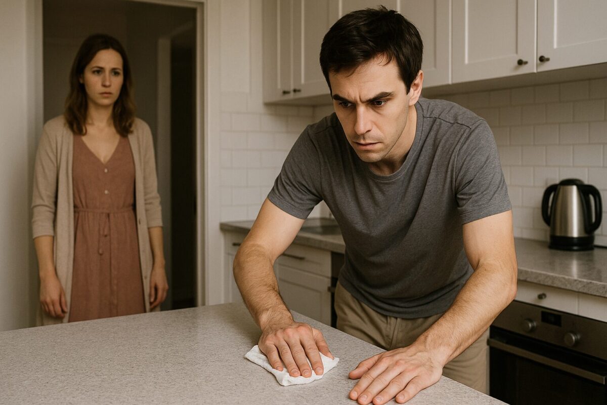 Светлая современная кухня. Мужчина с тёмными волосами, напряжённый, сосредоточенно протирает уже чистую столешницу. В дверном проёме стоит женщина с тёплой внешностью и русыми волосами, в лёгком домашнем наряде, обеспокоенно наблюдает за ним. Атмосфера тревожная, в воздухе ощущается скрытое напряжение.