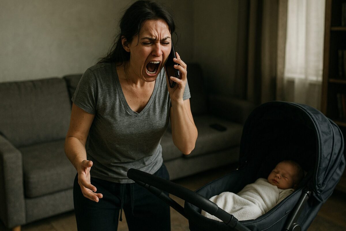 Женщина с перекошенным от крика лицом кричит в телефон, стоя рядом с коляской, в которой спит новорождённый. На заднем плане — диван и брошенный смартфон. Атмосфера тревожная, напряжённая.
