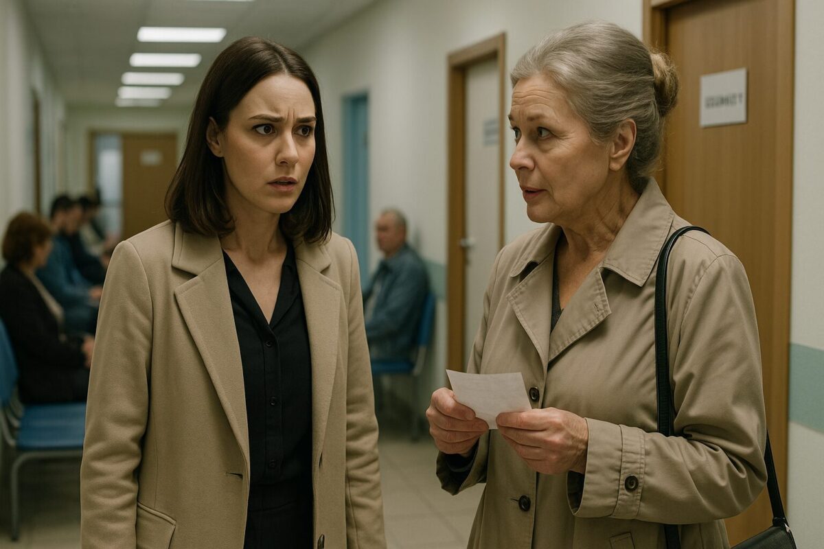 Светлый коридор поликлиники. На переднем плане — две женщины: молодая, в светлом пальто, с настороженным выражением лица, и пожилая, в плаще, с запиской в руках. На заднем плане — люди в очереди у дверей с табличками. Атмосфера напряжённая.