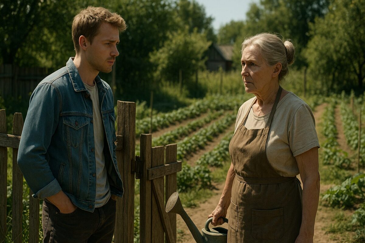 Молодой мужчина в поношенной джинсовой куртке стоит у калитки деревенского огорода, напротив него — пожилая женщина с лейкой в руке, в фартуке, на фоне грядок. Сцена полуденная, в воздухе — напряжение и неожиданность.