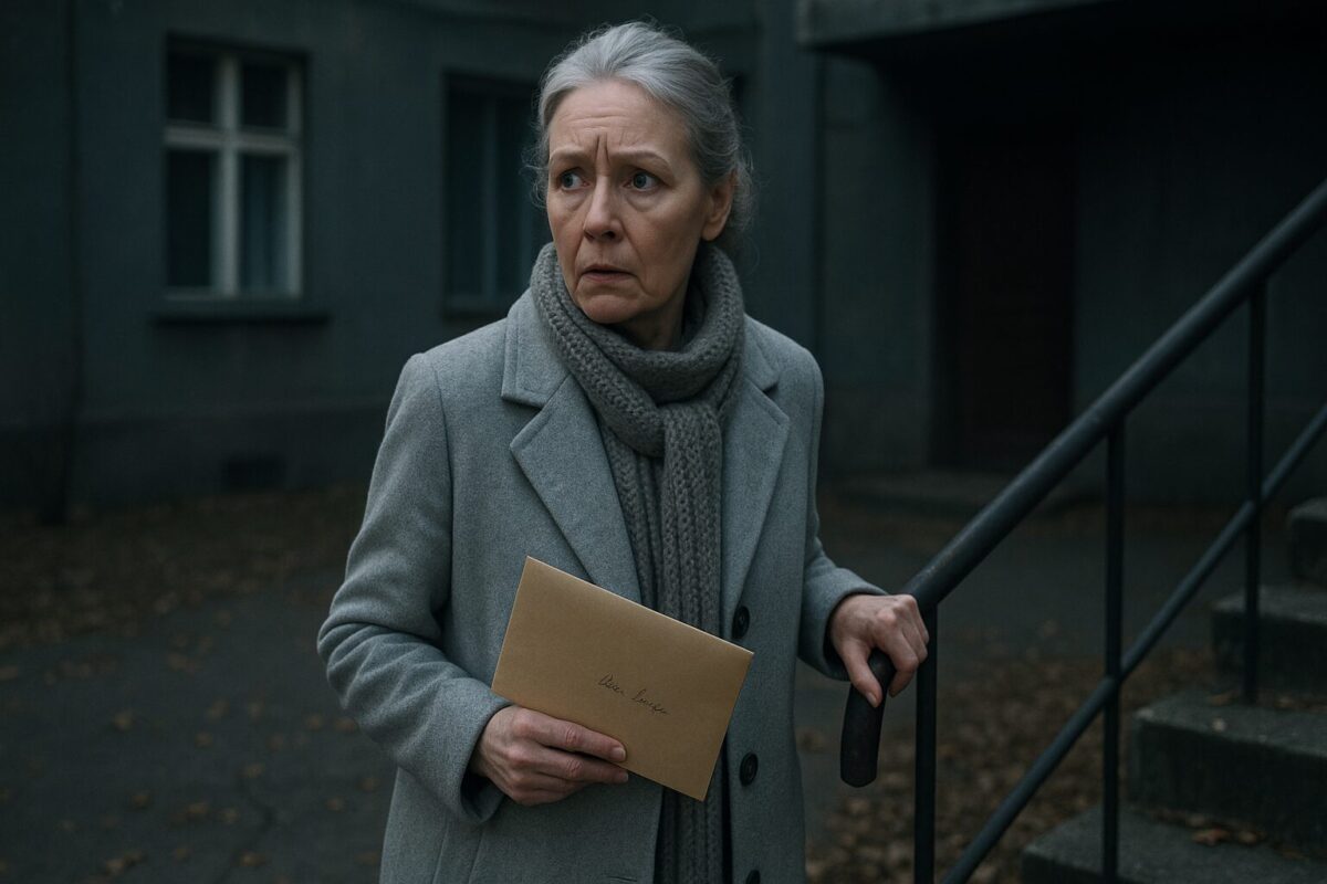 Пожилая женщина в светло-сером пальто и вязаном шарфе стоит у перил на фоне мрачного двора, держа в руке конверт с её именем. На лице — тревожное удивление. Осенние листья разбросаны по земле, вокруг — пустота и предчувствие перемен.