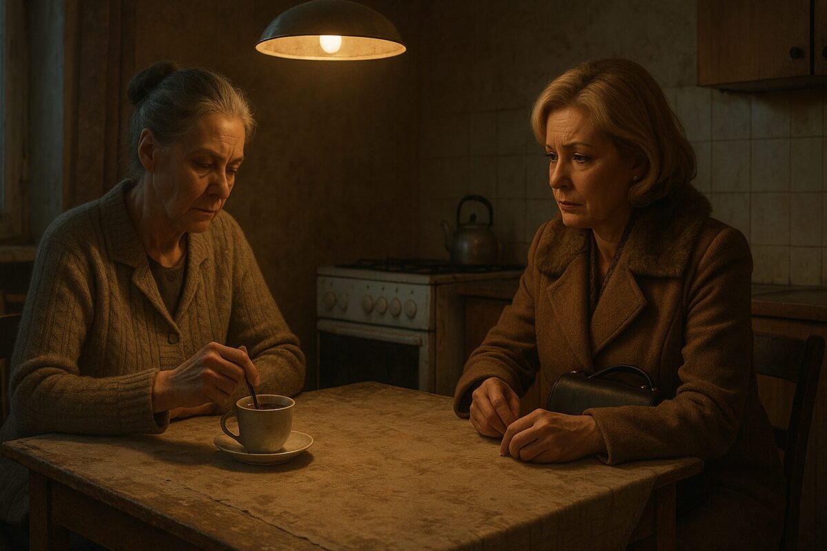 Старая советская кухня с облупившимся столом под тёплым светом лампы. За столом сидят две женщины: одна в вязаном кардигане с пучком седых волос, мешает чай и смотрит вниз; другая, ухоженная, в пальто с мехом, с сумочкой на коленях, напряжённо смотрит на собеседницу. Атмосфера — тяжёлая, напряжённая, наполнена недосказанностью.
