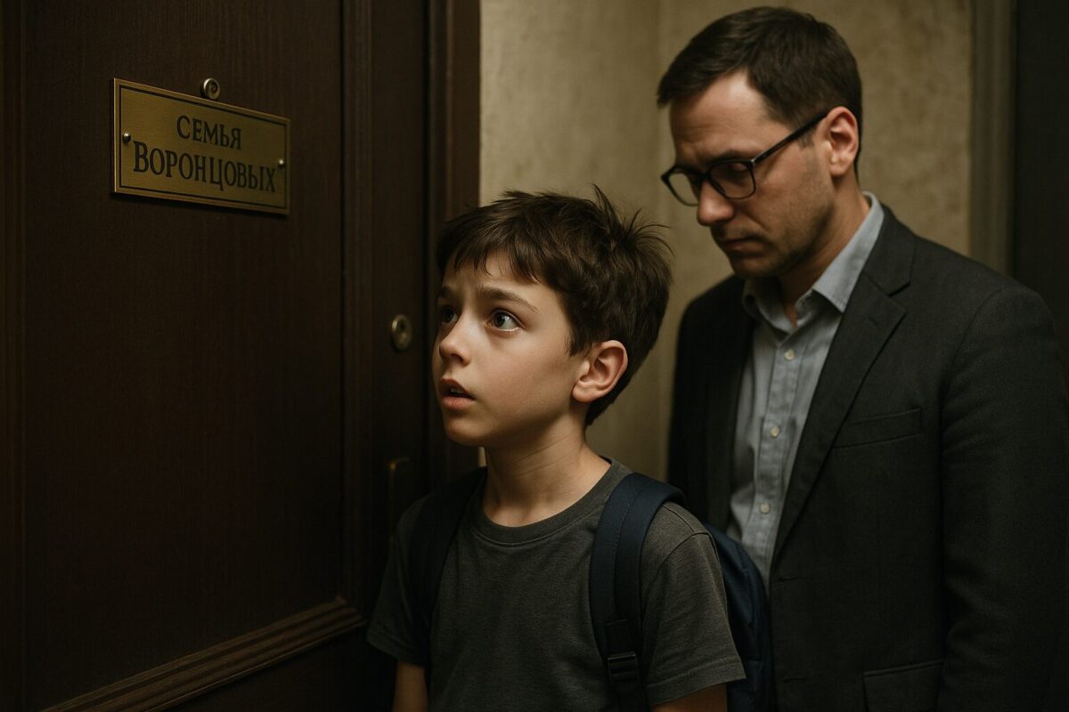 Мальчик в школьной футболке и с рюкзаком внимательно смотрит на табличку «Семья Воронцовых» на входной двери, за его спиной стоит мужчина в очках с опущенным взглядом, сцена освещена тёплым приглушённым светом, в воздухе ощущение напряжённости и перемен.