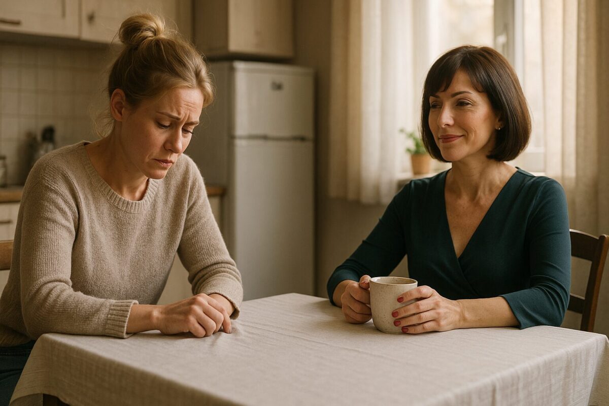На кухне за столом сидят две женщины. Одна, блондинка в светлом свитере, напряжённо смотрит вниз, теребя скатерть. Другая, брюнетка с каре в тёмной кофте, спокойно держит чашку и слегка улыбается. Утренний свет заливает комнату, создавая контраст между тревогой и спокойствием.