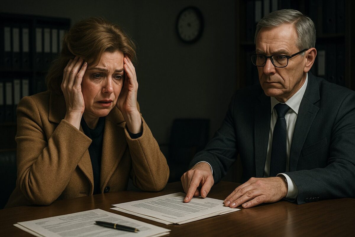 Женщина в панике сидит за столом у нотариуса, сцена в тускло освещённом офисе, документы перед ней, нотариус строго указывает на подпись.