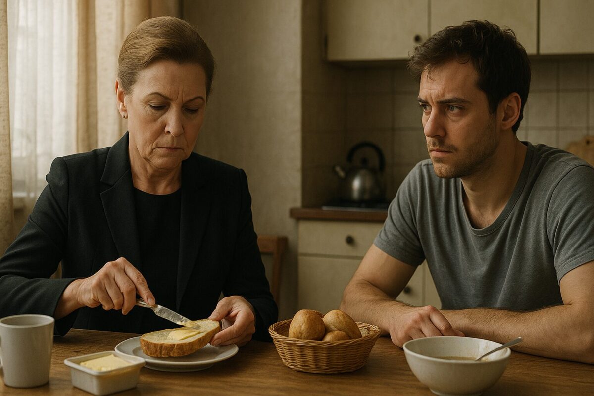 Женщина около 60 лет с серьёзным выражением лица намазывает масло на хлеб, сидя на уютной кухне. Напротив неё — уставший молодой мужчина, около 28 лет, в домашней одежде, с лёгкой щетиной. Он смотрит на неё с тревогой. Атмосфера сцены напряжённая, витает молчаливый конфликт.