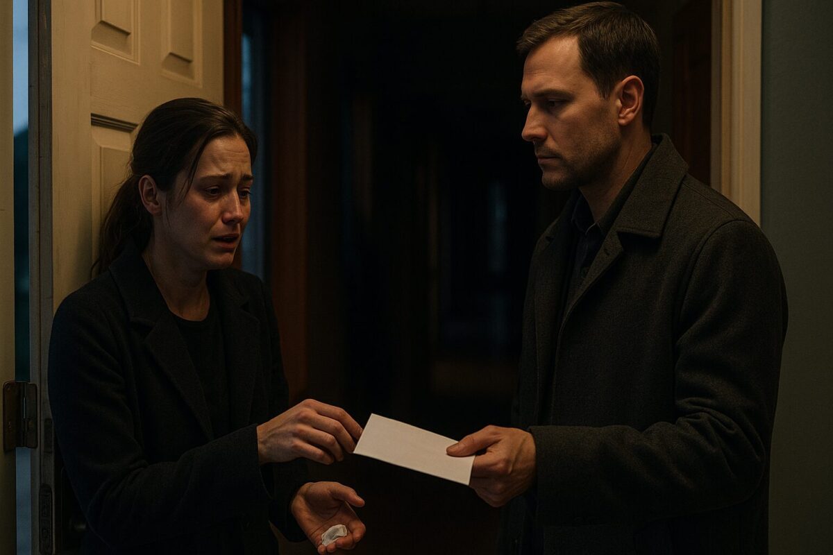 Женщина с заплаканным лицом стоит в прихожей загородного дома, протягивая руку к белому конверту, который ей отдаёт мужчина с холодным выражением лица. В полутёмном коридоре за их спинами царит напряжённая, тревожная атмосфера.