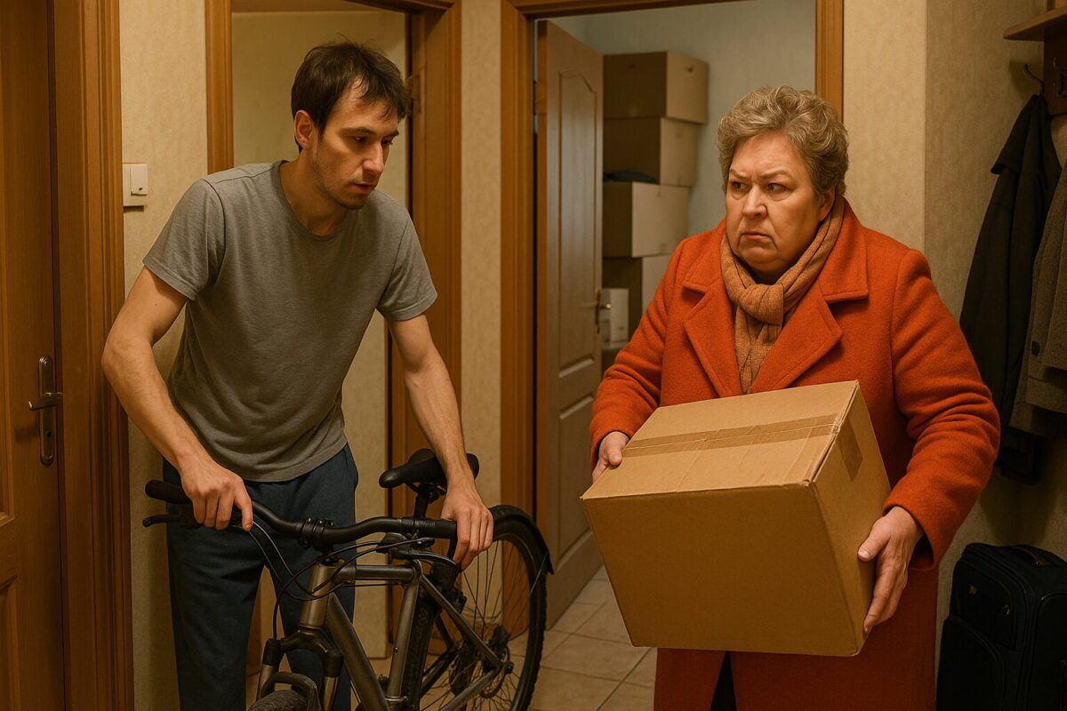 Уставший молодой мужчина в домашней одежде отодвигает велосипед в узкой прихожей, чтобы освободить место для женщины средних лет в ярком пальто, с недовольным выражением лица и коробкой в руках. За их спинами — комната, заставленная коробками. Атмосфера тесноты, напряжения и лёгкого абсурда.