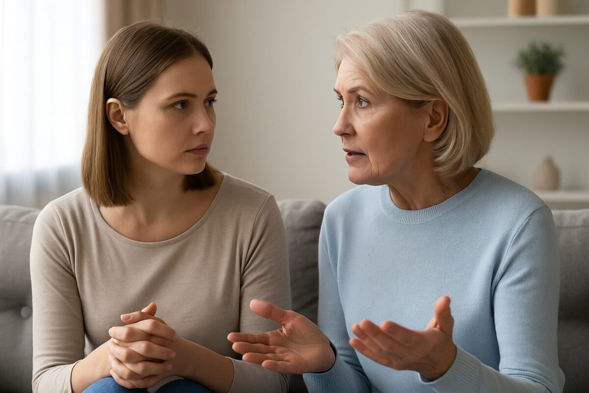 Свекровь и невестка сидят на диване в светлой гостиной и ведут серьёзный разговор. Молодая женщина внимательно слушает старшую, которая эмоционально объясняет что-то, жестикулируя руками. Атмосфера — тёплая, но с лёгким напряжением.