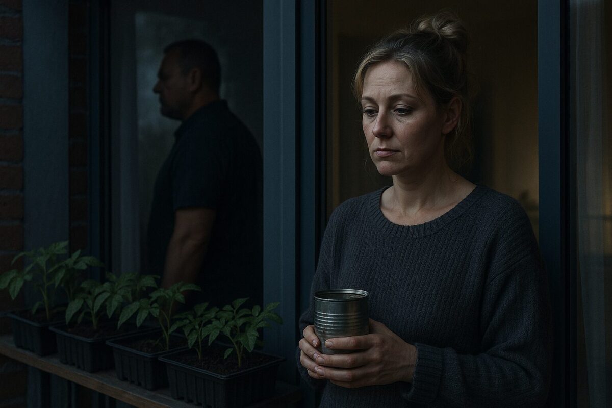 Женщина около 40 лет в домашнем свитере стоит на балконе среди рассады, задумчиво держит жестяную банку; за стеклянной дверью виден силуэт мужчины, смотрящего в окно. Атмосфера сцены напряжённая, с ощущением внутреннего конфликта и одиночества.