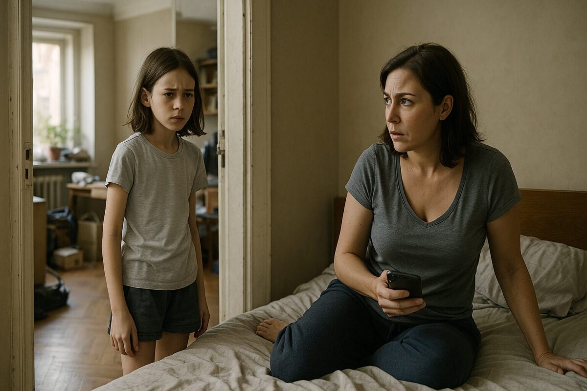 Девочка лет 12 с тёмными волосами стоит в дверях захламлённой комнаты, обеспокоенно глядя на женщину около 40 лет, которая сидит на кровати с телефоном в руке. Обе выглядят встревоженными. Комната наполнена дневным светом, на фоне — беспорядок и предметы быта.