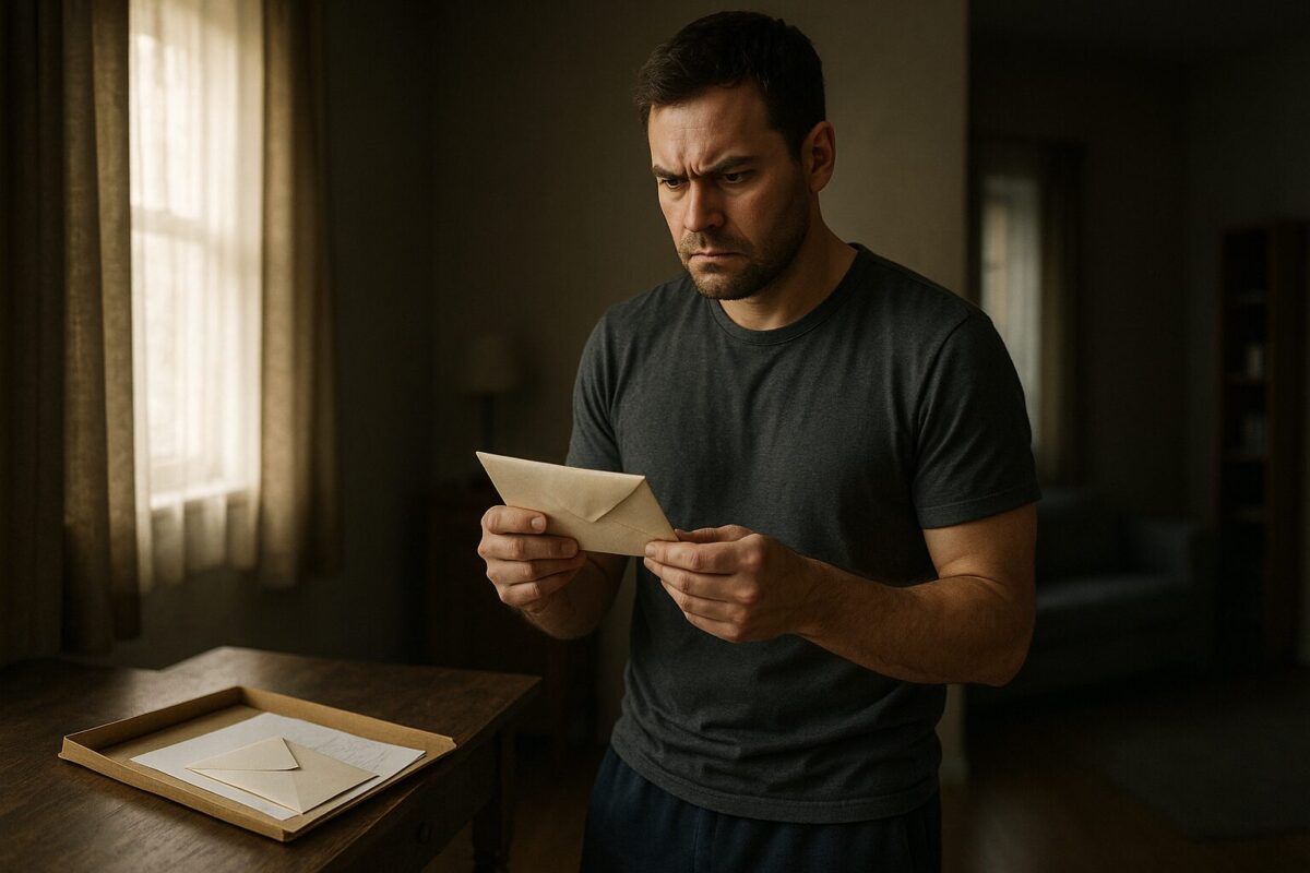 Мужчина в тёмной футболке стоит у деревянного стола в полутёмной комнате и с тревогой смотрит на конверт в руках. На столе лежит открытая папка с письмами, на фоне — мягкий свет из окна и полупустая комната.
