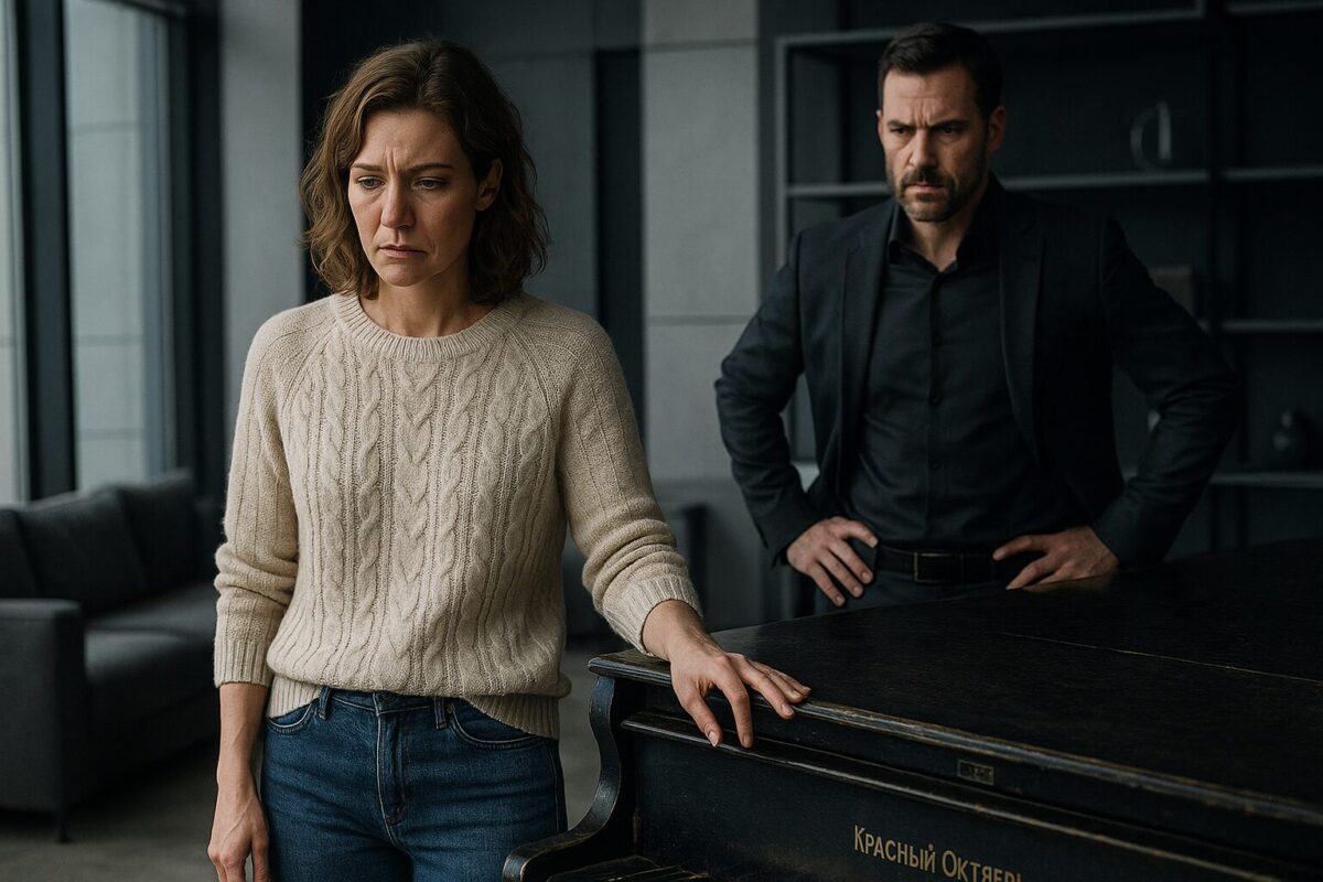 Женщина в вязаном свитере с тревожным лицом стоит у старого рояля "Красный Октябрь", позади — мужчина в тёмном костюме с сердитым выражением, в современной гостиной в холодных тонах.