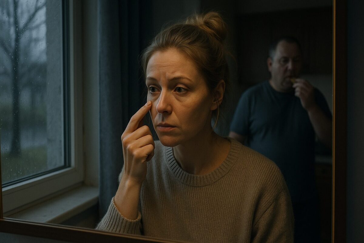 Женщина лет 35-40 с усталым взглядом стоит у зеркала в тускло освещённой комнате, аккуратно маскируя морщинку под глазом тональным кремом. За окном виден дождливый серый вечер. На заднем плане в проёме кухни частично виден мужчина 40-45 лет с короткой стрижкой и печеньем в руке. Атмосфера сцены — напряжённость, тревога, лёгкая усталость, ощущение эмоционального отчуждения между героями.