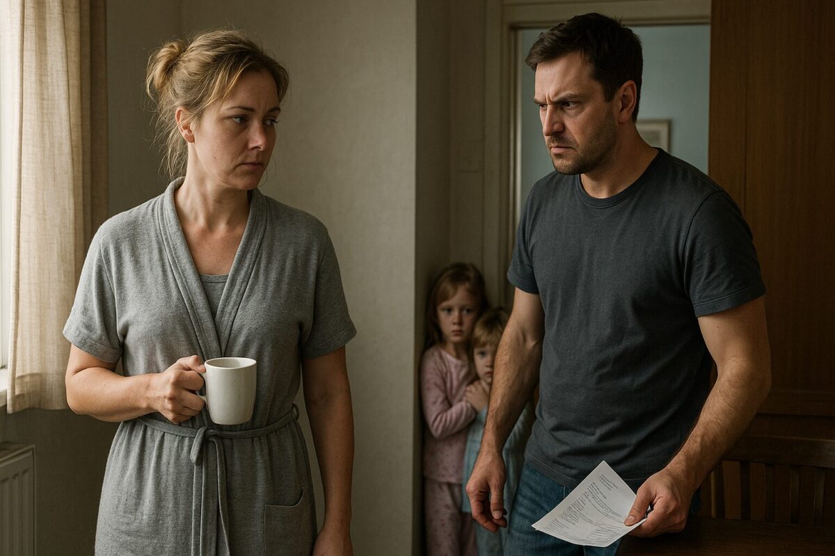 В комнате на фоне утреннего света стоит уставшая женщина в домашнем халате с чашкой кофе, рядом — раздражённый мужчина с банковской выпиской в руке. За их спинами из-за двери напуганно выглядывают две маленькие девочки в пижамах, прячась друг за друга. Атмосфера напряжённая, в воздухе — тревога и усталость, ощущается тяжёлый семейный конфликт.
