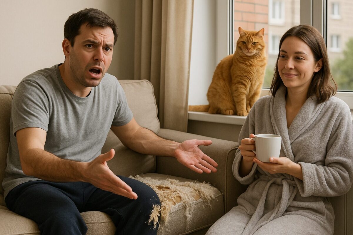 В светлой гостиной мужчина лет 35 в домашней одежде с отчаянием показывает рукой на разодранный диван; рядом женщина около 30–33 лет с каштановыми волосами, в уютном халате, с легкой улыбкой спокойно пьёт кофе. На подоконнике сидит крупный рыжий кот и наблюдает за происходящим с гордым видом. Атмосфера ироничного семейного хаоса.