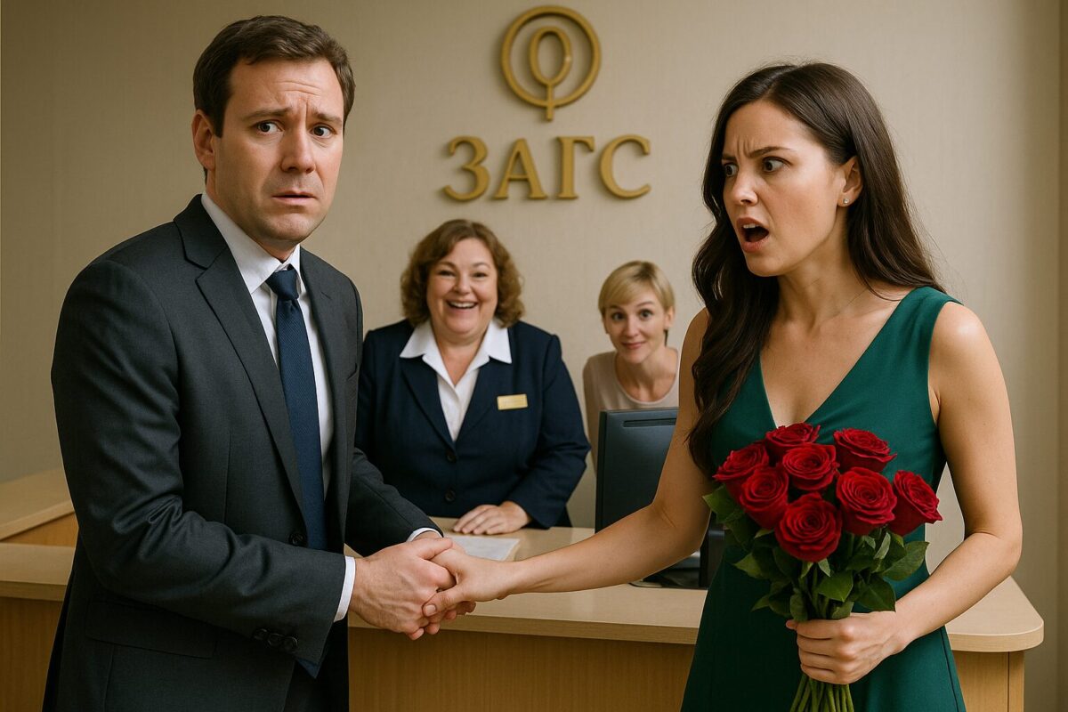 Сцена в современном ЗАГСе. Аркадий Павлович — мужчина около 40 лет, в строгом костюме, выглядит растерянным и смущённым, держит за руку Марину, стройную женщину 30–35 лет в элегантном платье с длинными волосами и букетом красных роз; Марина поражена и сердита. За стойкой регистрации — улыбающаяся полная женщина лет 55 в форме сотрудницы ЗАГСа (Тамара Ивановна) и молодая худенькая блондинка с короткой стрижкой, выглядывающая из-за компьютера; обе сотрудницы наблюдают за ситуацией с весёлым интересом. Атмосфера — неловкая, напряжённая, с оттенком абсурдного юмора.