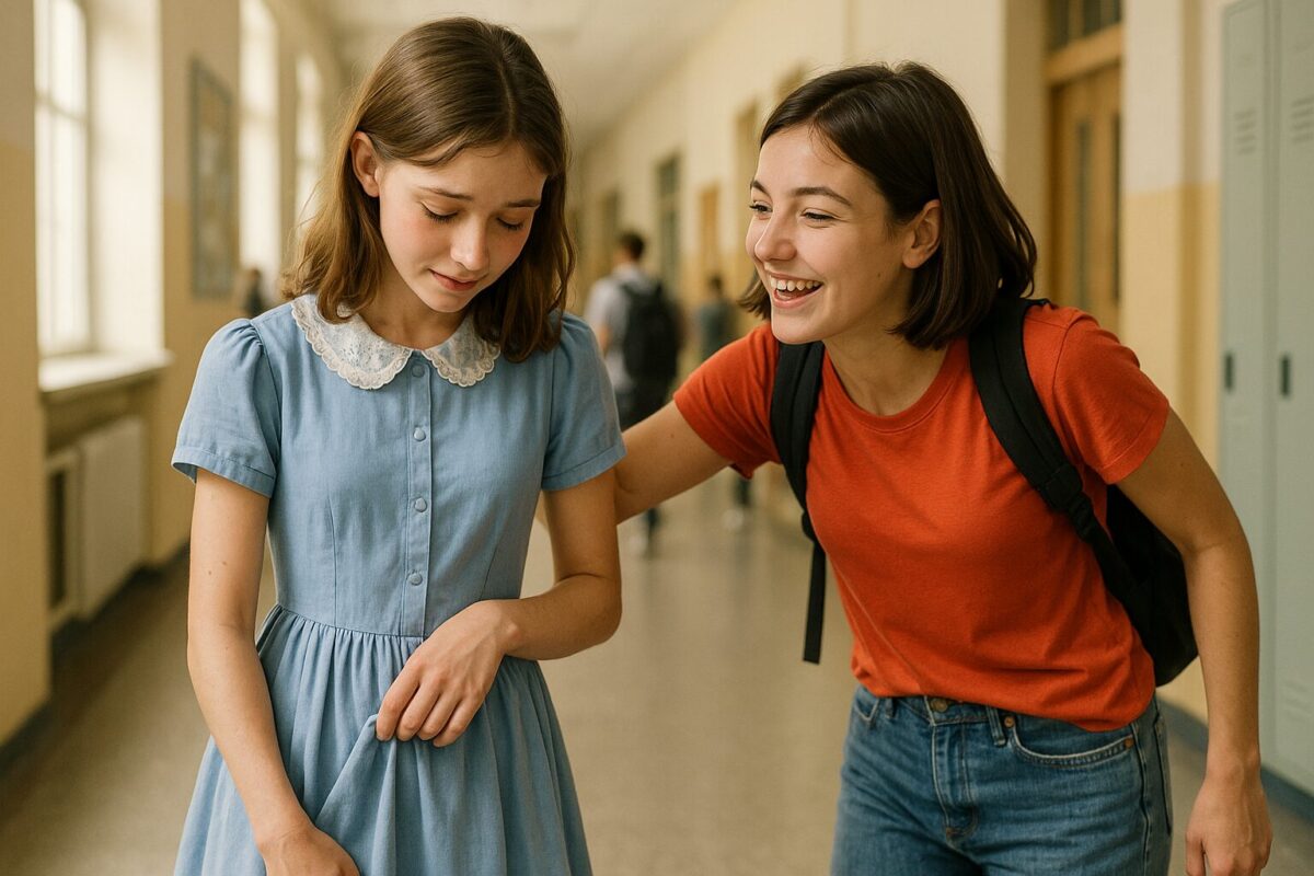 В коридоре школы стоят две девочки-подростка. Даша, худая, с русыми волосами до плеч и в светло-голубом платье с кружевным воротничком, застенчиво смотрит вниз и поправляет подол. Рядом Ленка — темноволосая, с короткой стрижкой, в яркой футболке и джинсах, весело и поддерживающе толкает подругу локтем. На фоне — светлый школьный коридор, шкафчики, дневной свет из окон, размытые фигуры других учеников. На лицах героинь — тревога и волнение у Даши, озорство и поддержка у Ленки. Атмосфера наполнена предвкушением и лёгким напряжением перед важным событием.