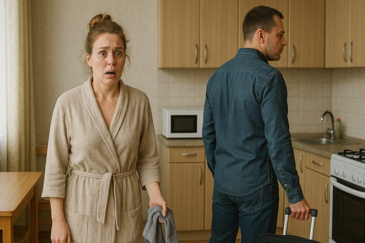 На кухне обычной квартиры женщина лет 35 в бежевом халате с небрежным пучком стоит в шоке, в руке скомканная тряпка. Мужчина около 37 лет, в джинсах и синей рубашке, стоит спиной, держит чемодан, лицо — холодное и равнодушное. Атмосфера напряжённая, ощущение предательства и резкой перемены.