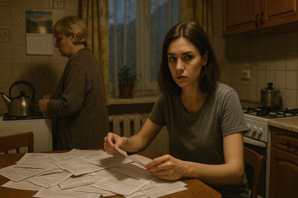 Небольшая советская кухня вечером. В центре — стол, заваленный бумагами и документами. За столом сидит худая девушка 22–25 лет с тёмными волосами до плеч в простой домашней одежде, перебирает бумаги, нахмурившись и с недоверием. На заднем плане женщина 50–53 лет, среднего роста, со светлыми или русыми короткими волосами, в халате, стоит у плиты спиной к дочери, занята приготовлением чая. Атмосфера — лёгкое напряжение, скрытая тревога и отчуждённость, тусклый свет, за окном вечер.