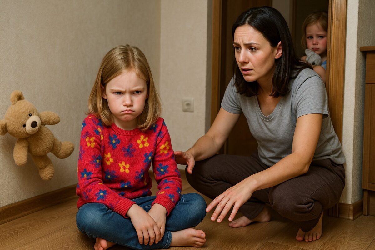 На полу сидит сердитая девочка семи лет в яркой кофте и джинсах, щеки надуты, взгляд упрямый, в сторону летит плюшевый медведь. Рядом на корточках молодая женщина с обеспокоенным, но ласковым выражением лица, тянет руку к девочке. В дверном проёме стоит младшая девочка лет четырёх с русыми волосами, в лёгком платье, прижимает к груди игрушку, на лбу заметна шишка, лицо заплаканное и испуганное. Атмосфера сцены — напряжённая, ощущается детская ревность, обида и попытка взрослого сгладить конфликт.